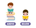 Words above and below with cartoon characters cute kids reading book, opposite word antonym for children Flat vector illustration Royalty Free Stock Photo