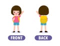 Words FRONT and BACK with cartoon characters cute kids backpack, back to school, opposite word antonym for children Flat vector Royalty Free Stock Photo