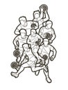 Group of Gaelic Football Men Players Action Cartoon Graphic Vector