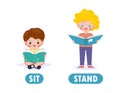 Opposite sit and stand, Words antonym for children with cartoon characters cute happy kids reading book Flat vector illustration