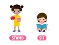 Opposite sit and stand, Words antonym for children with cartoon characters cute happy kids reading book Flat vector illustration Royalty Free Stock Photo