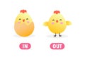 Opposite in and out Words antonym for children with cartoon characters cute little Chick, funny animal Flat vector illustration Royalty Free Stock Photo