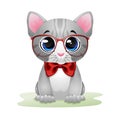 Cute kitten cartoon in red glasses and bow