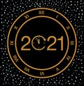 Happy New 2021 Year. Gold metallic numbers 2021 and watch with Roman numeral and countdown midnight.