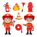 Cute boy and girl in fire fighter uniform with fire emergency clip art set.