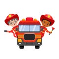 Cute fire fighter boys riding fire truck with hose and axe. Royalty Free Stock Photo