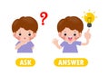 Opposite ASK and ANSWER, Words antonym for children with cartoon characters happy cute kids Flat vector illustration isolated Royalty Free Stock Photo