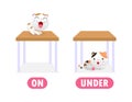 Opposite on and under, Words antonym for children with cartoon characters cute little cat, funny animal Flat vector illustration