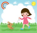 Happy cute young girl taking his dog for a walk outdoor in nature, children doing housework chores at home concept, female Royalty Free Stock Photo