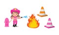 Cute girl in pink fire fighter uniform extinguish flame with water hose. Royalty Free Stock Photo