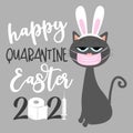 Happy Qurantine Easter 2021- Cool cat in bunny ears and face mask.