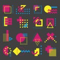 Vector, colored, decorative geometric shapes and elements, in basic CMYK colors on a dark gray background.