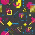 Seamless vector pattern of colored, decorative geometric shapes and elements, in basic CMYK colors on a dark gray background.