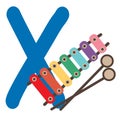 Capital letter X of English alphabet with cute cartoon Xylophone. Funny font for kindergarten and preschool education Royalty Free Stock Photo
