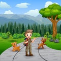 Illustration of young scout and dogs on the road