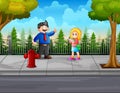 Cartoon a teacher man and student on the road Royalty Free Stock Photo