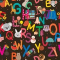 Seamless pattern with cute cartoon capital letter, alphabet and font for fabric print, textile, gift wrapping paper