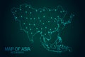 Map of Asia - With glowing point and lines scales on the dark gradient background, 3D mesh polygonal network connections