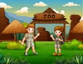 The zookeeper boy and girl in the zoo