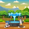 Cartoon happy bunnies standing near the fountain