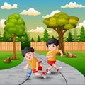 Cartoon boy kicking others kid leg and fall down Royalty Free Stock Photo