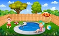 Happy girl and boy playing on pool edge in backyard Royalty Free Stock Photo