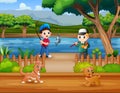 Cartoon boys fishing in the river illustration Royalty Free Stock Photo