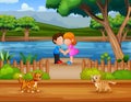 A couple kids kissing in the pier illustration