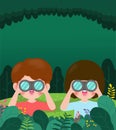 Cute little boy and girl watching something through binoculars in the forest. Children have summer outdoor adventure. kids summer