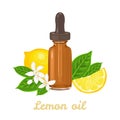 Lemon essential oil. Amber glass dropper bottle, fragrant flowers