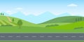 Straight empty road through the countryside. Green hills, blue sky, meadow and mountains. Summer landscape Royalty Free Stock Photo