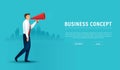 Businessman hold megaphone loudspeaker. Concept of marketing or advertisement