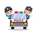 Cute police man and woman on patrol with car. Children wearing police costume clip art.