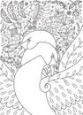 Coloring page with two swans intertwined with their necks on a decorative floral background of fantasy flowers and leaves. Royalty Free Stock Photo
