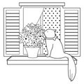 Cat sitting on a window sill. Vector black and white coloring page