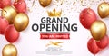 Grand opening card design with red ribbon and gold confetti