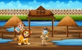Cartoon the zookeeper boys with a lion in the zoo