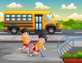 Cartoon boy kicking others kid leg and fall down Royalty Free Stock Photo