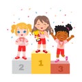 Cute girl standing on podium as sport competition winner.