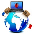 Globe with online shopping cardboard box, laptop and flags