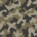 Brown khaki green geometric camouflage seamless pattern. Modern military camo texture. Stock vector illustration.