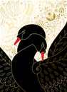 Poster with two black swans intertwined with their necks on a decorative floral background of decorative golden flowers and leaves Royalty Free Stock Photo