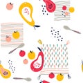 Seamless pattern with fruits and spoons and seeds for kitchen