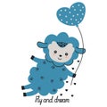 Cute children`s cartoon illustration of a little blue lamb flying with a heart-shaped balloon and a calligraphic inscription `Fly