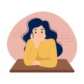 Woman sitting on a desk and daydreaming.