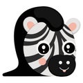 Cute face of little smiling cartoon zebra with protruding tongue and rudy cheeks isolated on white background. African snout of st
