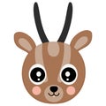 Cartoon head of cheerful baby dorcas gazelle on a white background. African cloven-hoofed animal face for emoji, DIY project, digi