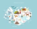 Print. Iceland vector map. Animals and sights of Iceland. Reykjavik