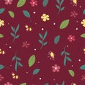 Seamless pattern with bright pink and yellow flowers, green branches and leaves on a vinous background