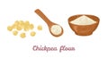 Chickpea flour in wooden spoon, bowl and heap of legumes isolated on white background. Vector illustration